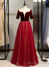 Burgundy Tulle Velvet Short Sleeve Backless Prom Dress